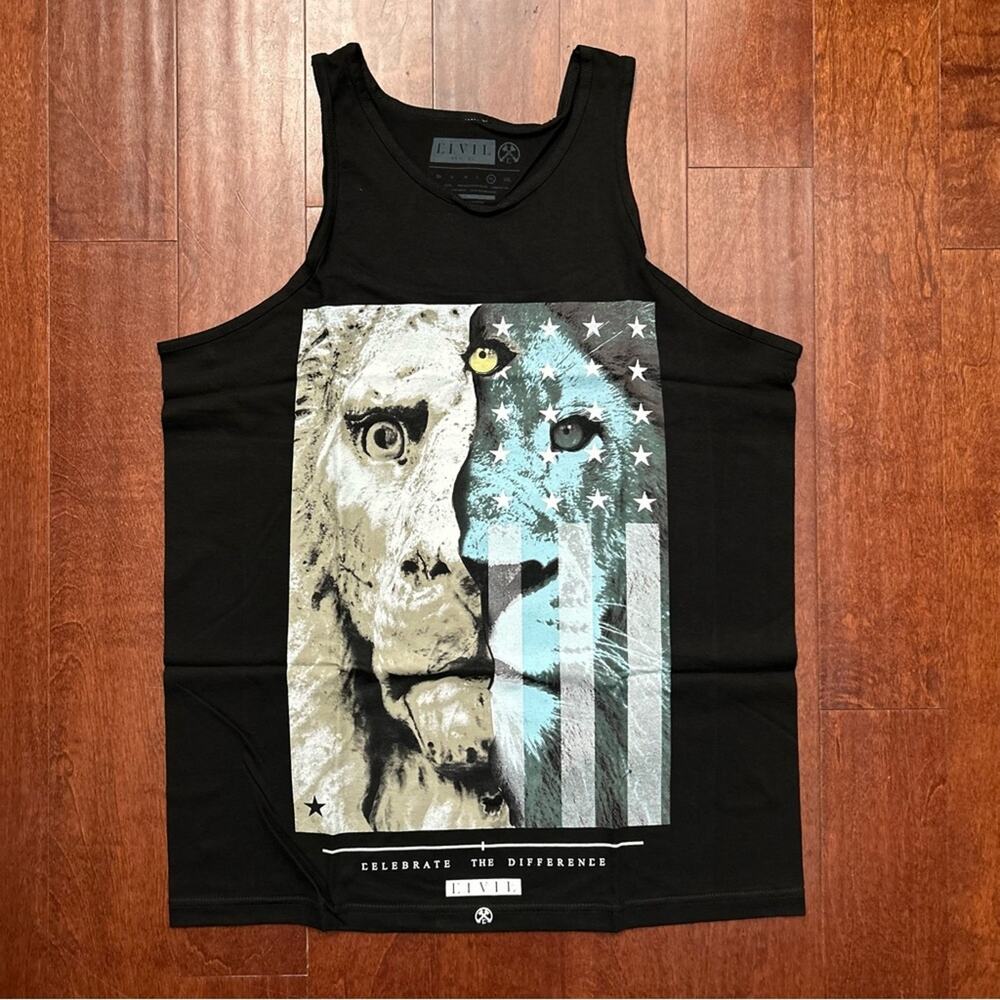 Civil Regime Black Graphic Tank Top with Lion Print, Size XL, NWOT